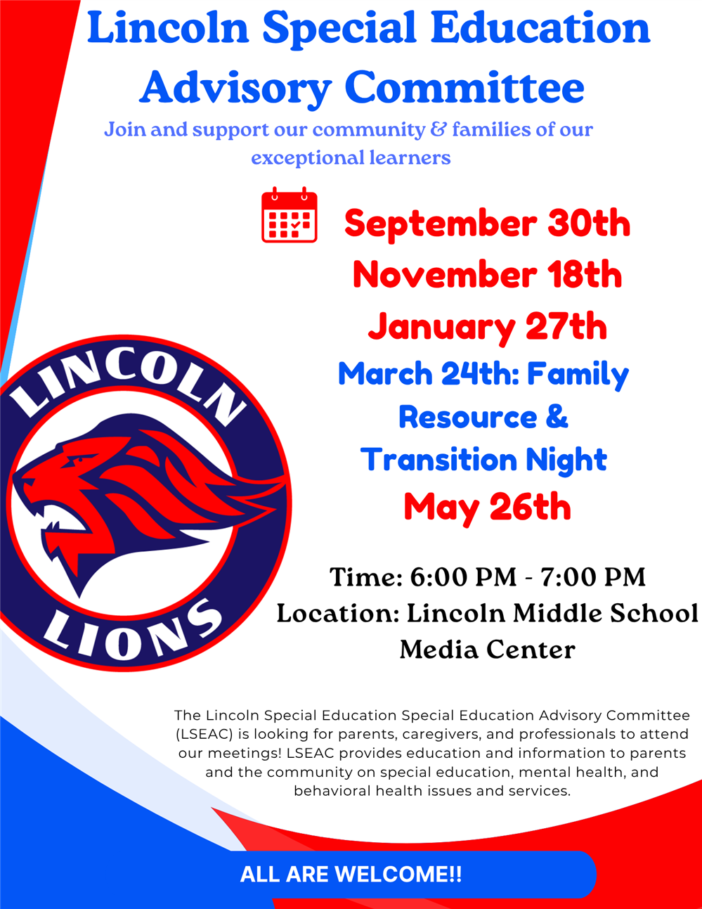 Lincoln Special Education Advisory Committee meeting dates